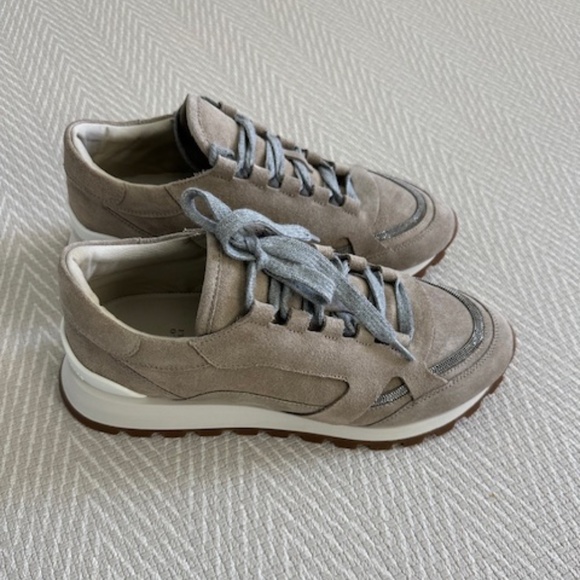 BRUNELLO CUCINELLI Women's Taupe Suede Bead-embellished Sneakers, Size 41 - Picture 2 of 7